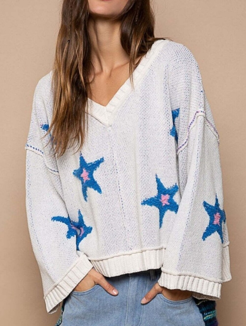 POL Oversized Knit Star Sweater Vneck Wide Sleeve Pullover